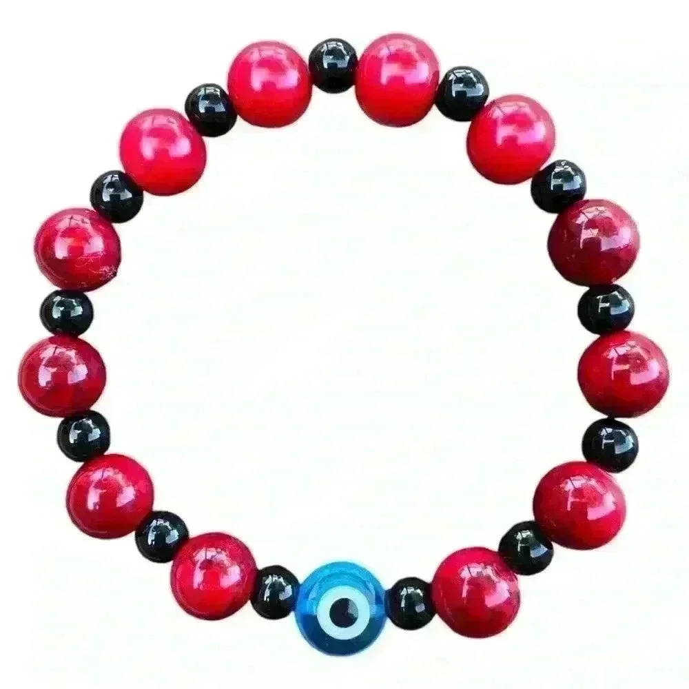 Handmade red & black evil eye protection bracelet 7” stretchy